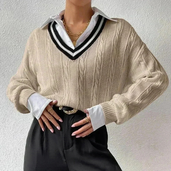 Khaki Casual Women's Striped Trim Drop Shoulder Cable Knit Sweater - Picture 4 of 5